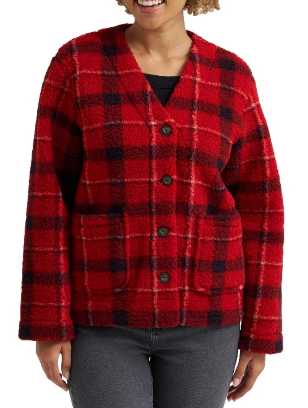 Lee Red Plaid Plush Fleece Cozy Cardigan Size 3X